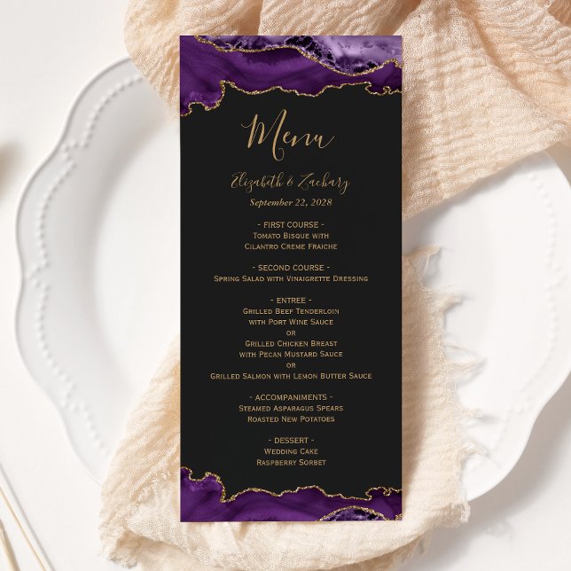 Menu Mariage Élégant Violet Agate Or Foncé (Créateur téléchargé)