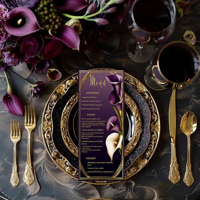 Menu Mariage Élégant Violet Pourpre et Or au Lys de Cal (Elegant Violet Purple and Gold Calla Lily Wedding Menu)