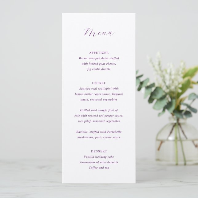 Menu Mariage Élégant Violet Traditionnel (Debout devant)