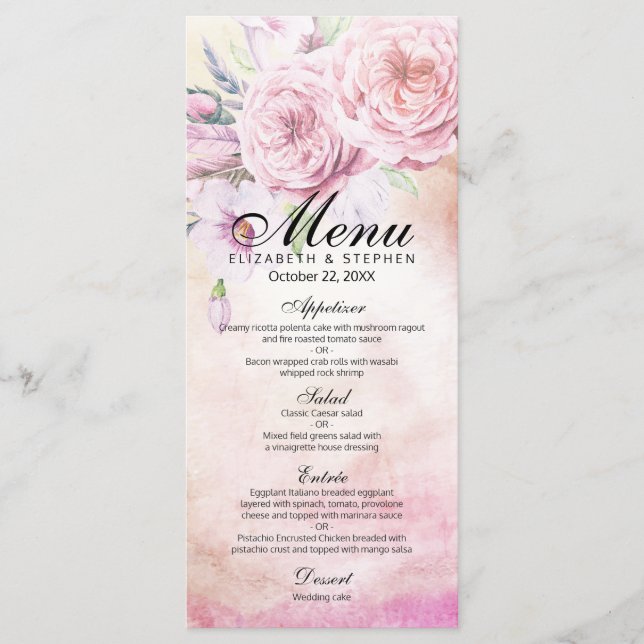 Menu mariage Elégante Aquarelle Plumes florales (Devant)