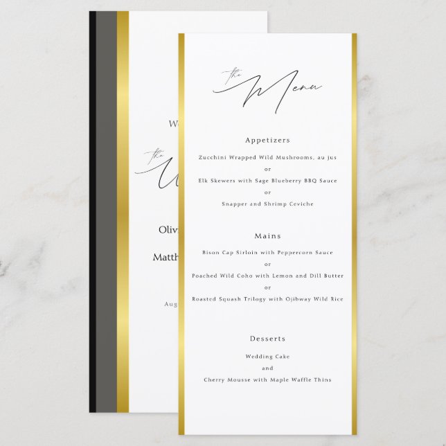 Menu Mariage Élégante Typographie Noir Blanc Rayure Or (Devant / Derrière)