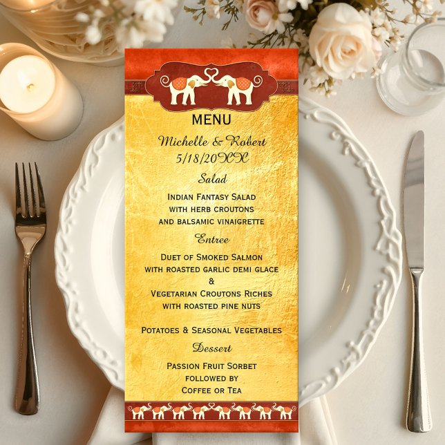 Menu Mariage Eléphants romantiques (Wedding menu featuring two ivory colored elephants in love with their tribes cheering them on)