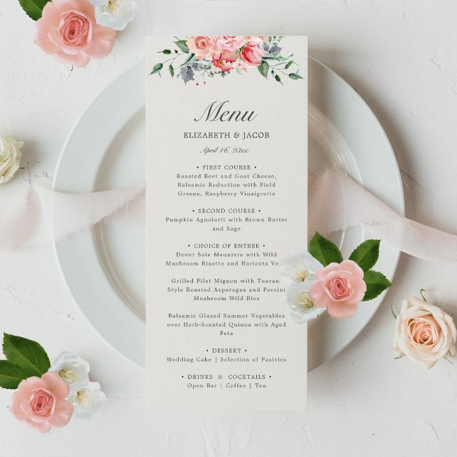 Menu Mariage Elizabeth Pink Floral Script (This elegant, floral wedding menu features pink roses and is perfect for a classic garden reception)