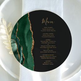 Menu Mariage Emerald Green Gold Dark Round Plate