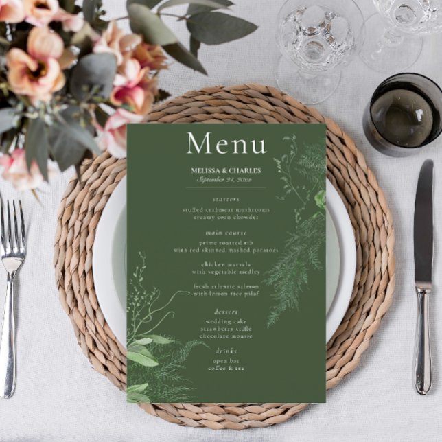 Menu Mariage émeraude de feuillage vert de fougère rust (Créateur téléchargé)
