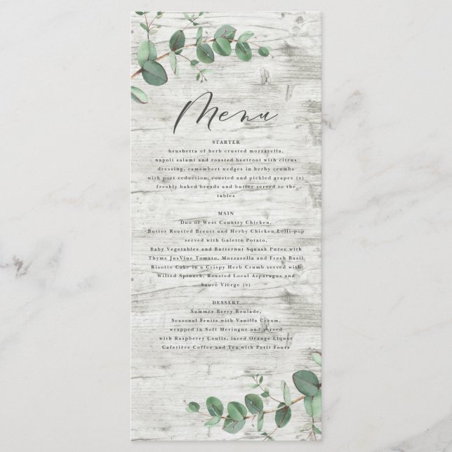 Menu Mariage en bois blanc à eucalyptus minimal moderne (Devant)