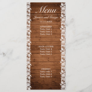 Menu Mariage en bois rustique et dentelle blanche
