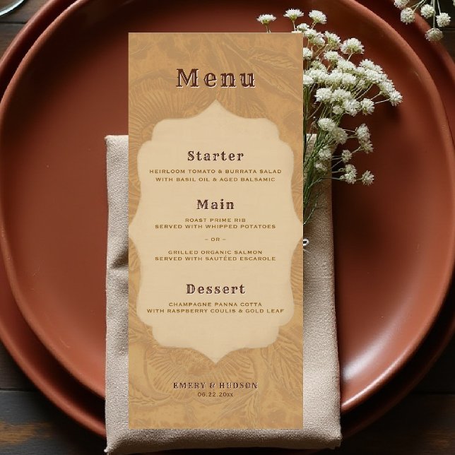Menu Mariage en bronze rustique terracotta ouest améric (country rustic cowboy wedding menu faux tooled leather terracotta bronze rust copper western barn)