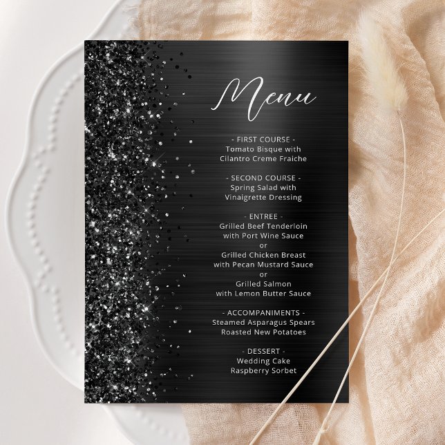 Menu Mariage en écriture scintillante Glam noir (Créateur téléchargé)