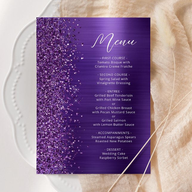 Menu Mariage en écriture scintillante violet glamour (Créateur téléchargé)