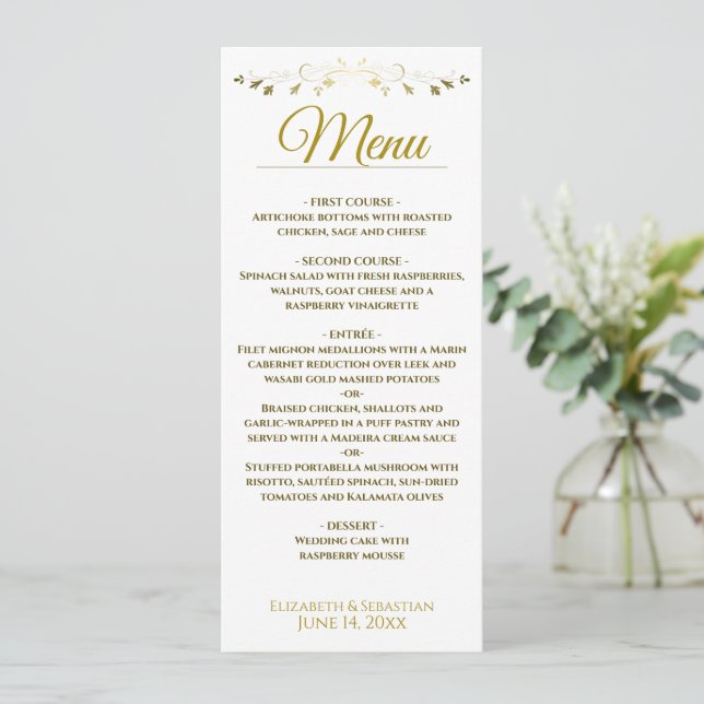 Menu Mariage en fibre d'or et de blanc élégant (Debout devant)