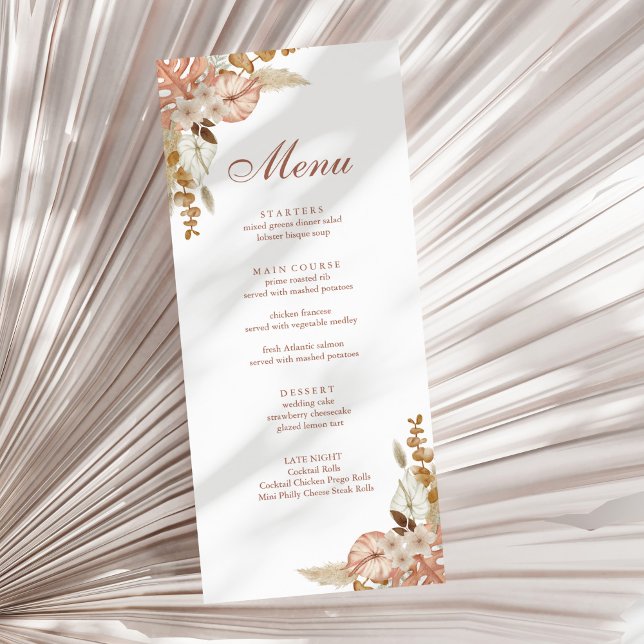 Menu Mariage en herbe moderne Boho Floral Pampas (Modern Boho Floral Pampas Grass Wedding Menu on a sunny white dry palm leaf.)