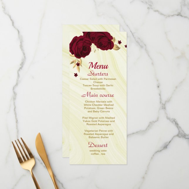 Menu mariage en marbre fleuri or bordeaux (Devant/Arrière en situation)