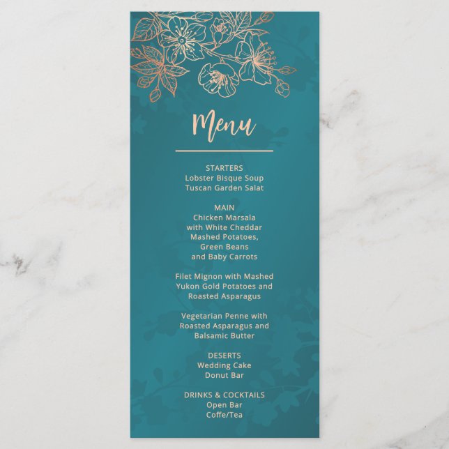 Menu Mariage en Rose Gold Teal Floral Line Art (Devant)