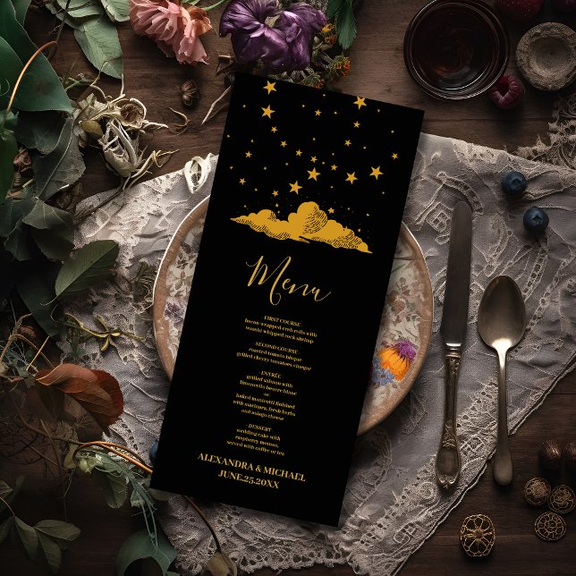 Menu Mariage Étoiles Célestes Or Noir Mystique  (Créateur téléchargé)