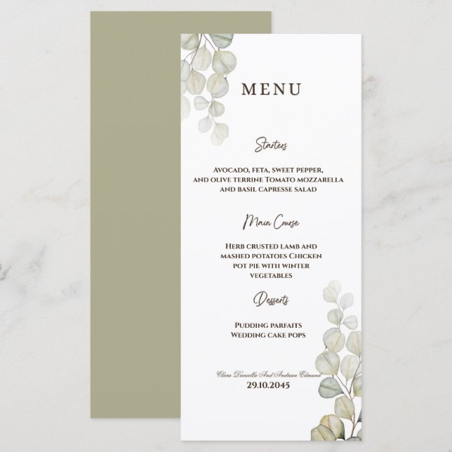 Menu Mariage Eucalyptus aquarelle (Devant / Derrière)