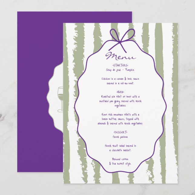 Menu Mariage fantaisiste à rayures manuscrites peintes  (Devant / Derrière)