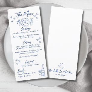 Menu Mariage Fantaisiste Bleu Dessiné à la Main