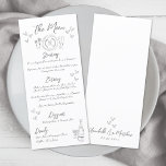 Menu Mariage Fantaisiste Gris Dessiné à la Main<br><div class="desc">Menu de dîner de mariage fantaisiste gris et blanc inspiré de l'Europe. Cette carte de menu de mariage enchanteuse présente un design charmant inspiré de l'esthétique italienne, française et européenne. Une illustration d'un décor de table dessinée à la main orne le dessus, tandis qu'une bouteille de champagne et un verre...</div>