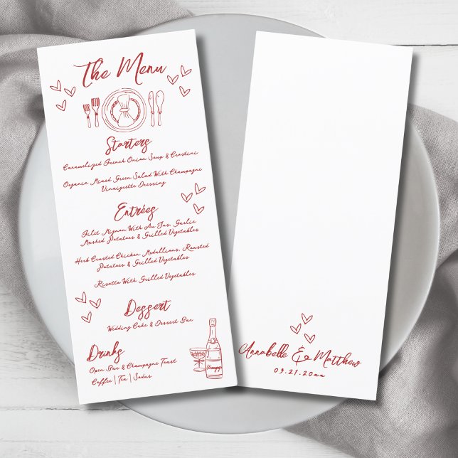 Menu Mariage Fantaisiste Rouge Dessiné à la Main à la F (Hand Draw French Red Whimsical Wedding Menu)