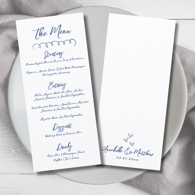 Menu Mariage Fantaisiste Simple Bleu Dessiné à la Main (Hand Draw Simple Blue Whimsical Wedding Menu)