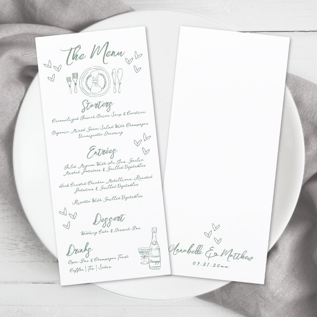 Menu Mariage fantaisiste vert dessiné à la main (Hand Drawn Green Whimsical Wedding Menu )