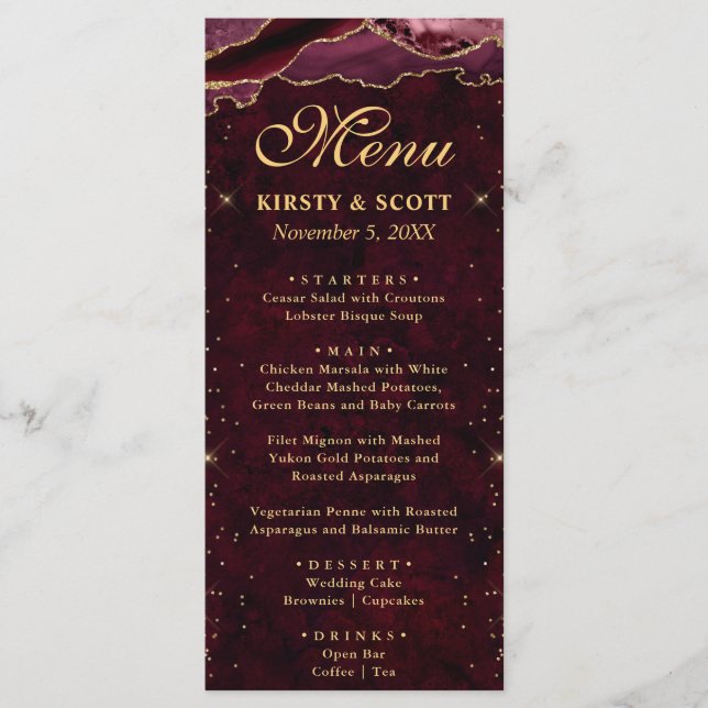 Menu Mariage Faux Paillettes Agate Rouge et Or (Devant)