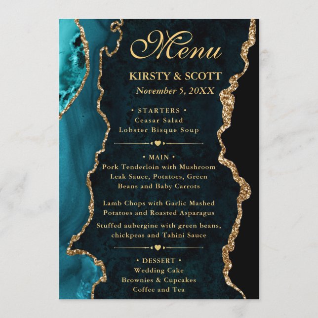 Menu Mariage Faux Paillettes Agate Sarcelle et Or (Devant)