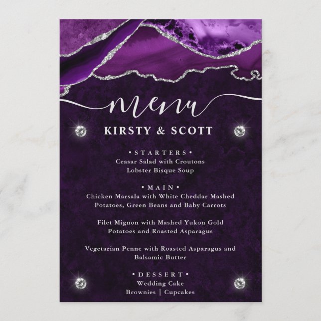 Menu Mariage Faux Paillettes Agate Violet et Argent (Devant)