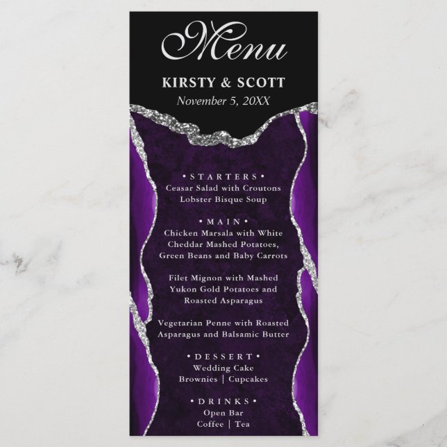 Menu Mariage Faux Paillettes Agate Violet et Argent (Devant)