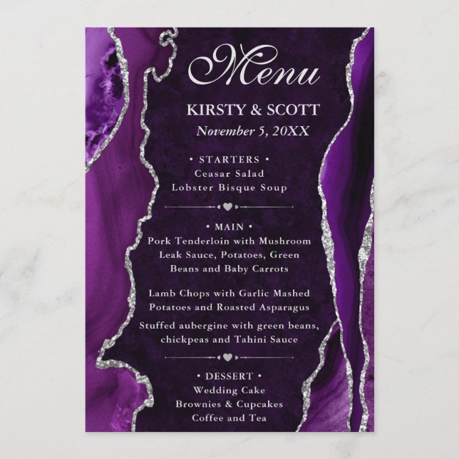 Menu Mariage Faux Paillettes Agate Violet et Argent (Devant)