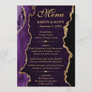 Menu Mariage Faux Paillettes Agate Violet et Or