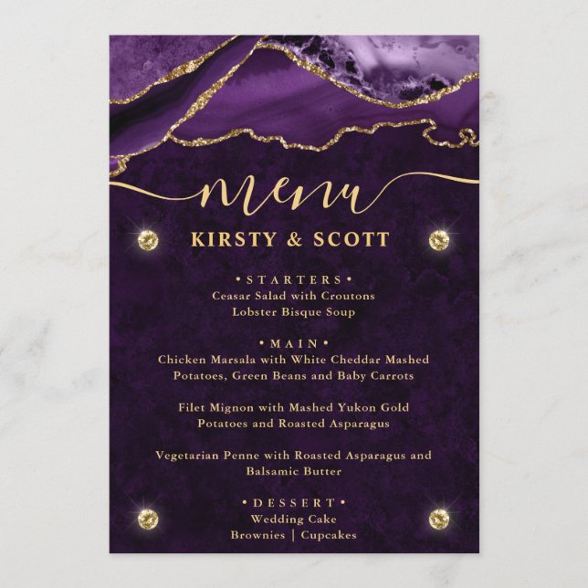 Menu Mariage Faux Paillettes Agate Violet et Or (Devant)