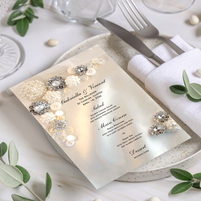 Menu Mariage Faux White Pearl et Diamond Buttons (Créateur téléchargé)