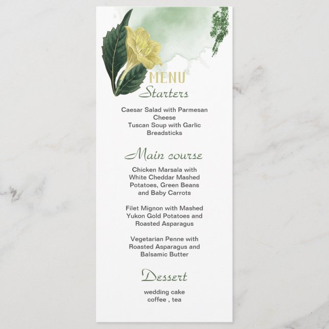 menu mariage feuille à fleurs jaunes (Devant)