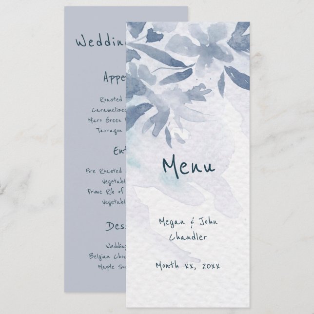 Menu Mariage Feuille Aquarelle bleu doux (Devant / Derrière)