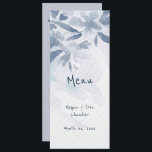 Menu Mariage Feuille Aquarelle bleu doux<br><div class="desc">Cette carte de menu Mariage est conçue avec des feuilles d'aquarelle bleu sur le devant avec le texte : Menu, Noms de mariée et de mariée et Date de Mariage. Le revers comprend : Menu Mariage, et vos sélections Appetizer, Entre et Dessert. Pour personnaliser, il vous suffit d'insérer tous vos...</div>