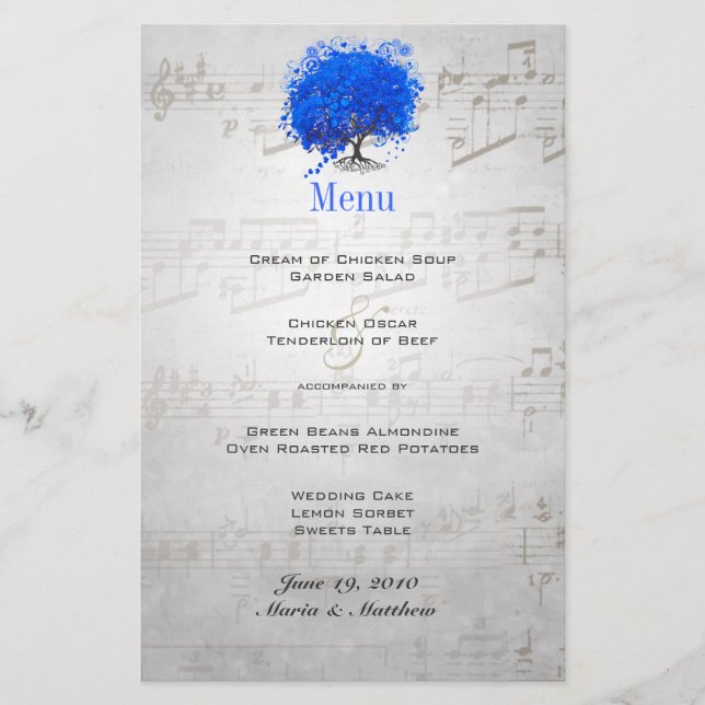 Menu Mariage Feuille de coeur bleu (Devant)
