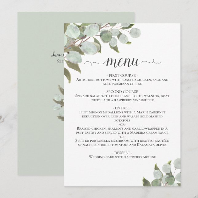 Menu Mariage Feuille de  d'Eucalyptus Russe (Devant / Derrière)