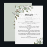 Menu Mariage Feuille de  d'Eucalyptus Russe<br><div class="desc">Cette belle carte mariage est simple, élégante, raffinée et design. Il dispose d'un magnifique design boho rustique chic avec la calligraphie en dentelle et peint à la main des feuilles d'eucalyptus aquarelle et verdure. L'arrière a de la place pour les noms du couple et la date mariage, ainsi qu'un bouquet...</div>