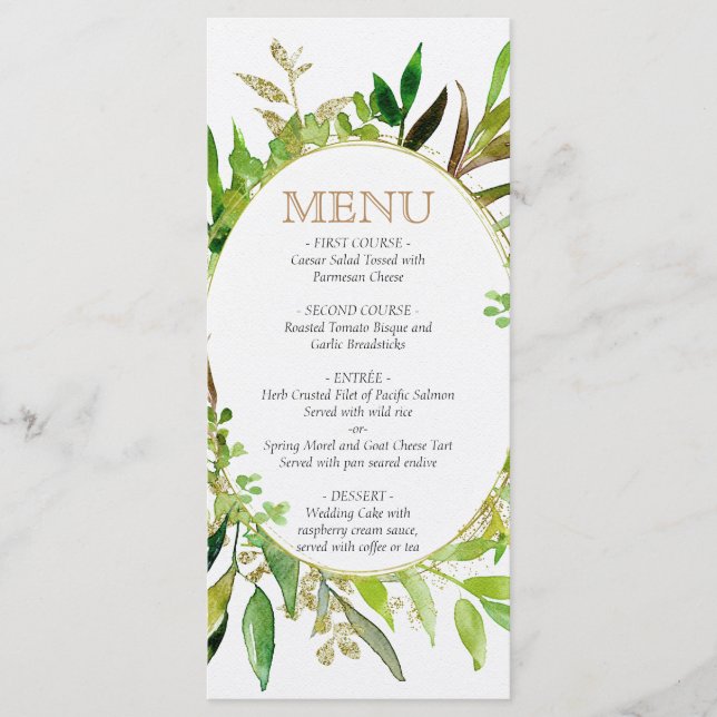 Menu Mariage Feuille encadré de feuilles vertes et (Devant)