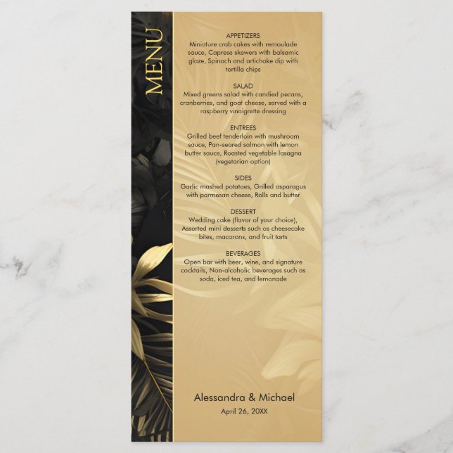 Menu Mariage Feuille moderne Black Gold Tropical (Devant)