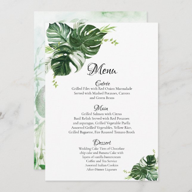 Menu Mariage Feuille Tropical Green Monstera (Devant / Derrière)
