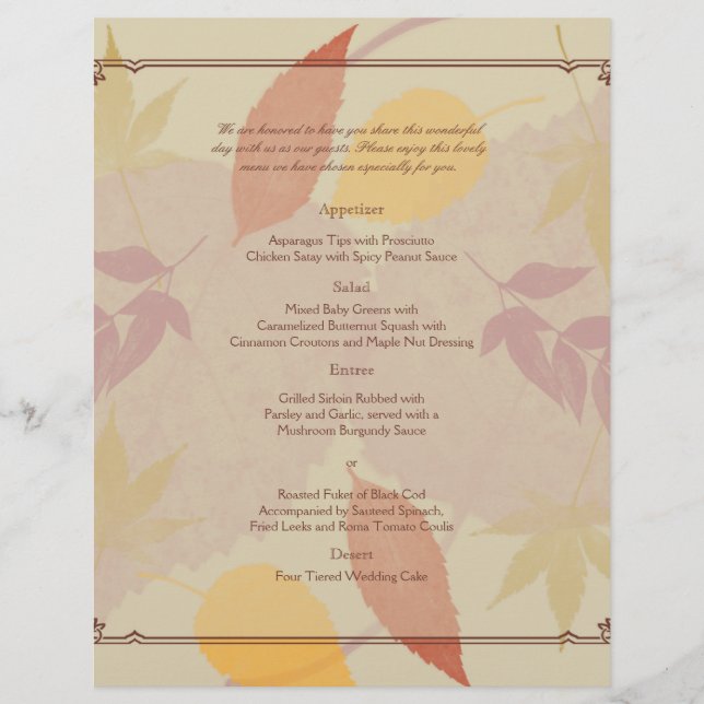 Menu Mariage Feuilles de automne rustique (Devant)