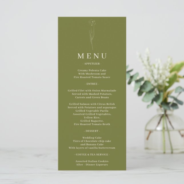 Menu Mariage Fleur Art Vert Olive (Debout devant)