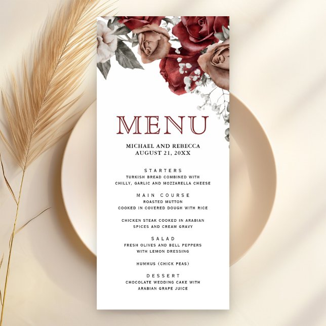 Menu Mariage Fleur de Roses Rouge Bourgogne (Créateur téléchargé)