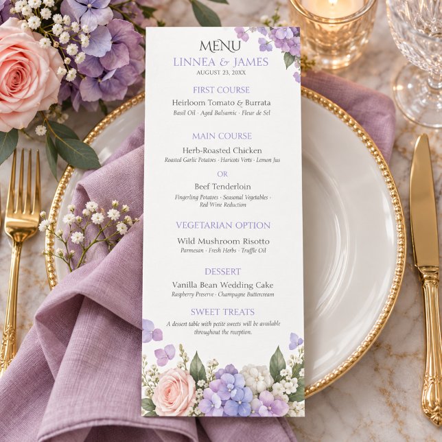 Menu Mariage Fleur d'Hydrangea Lavande Rose Blush  (Créateur téléchargé)