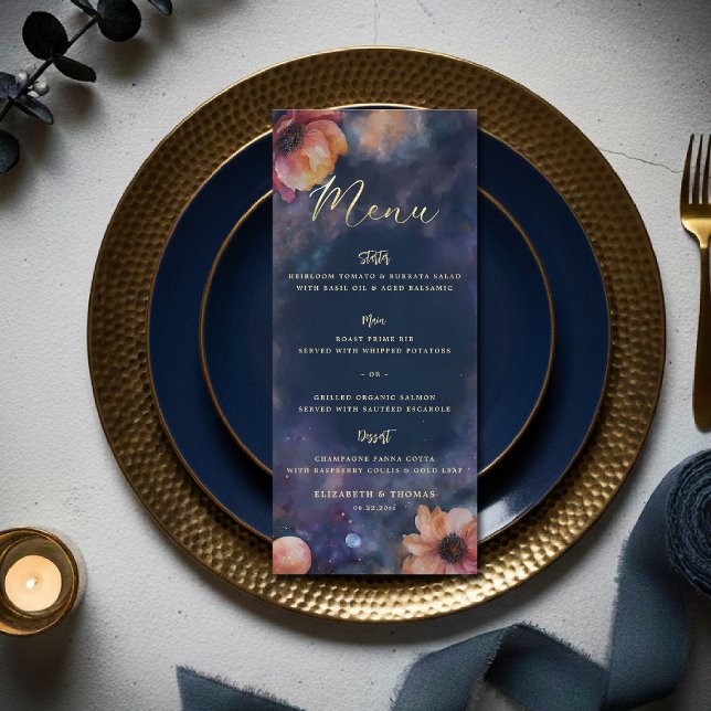 Menu Mariage Fleur Galaxie Céleste Nuit Étoilée Bleue (celestial floral galaxy wedding menu watercolor navy blue starry night written in the stars)