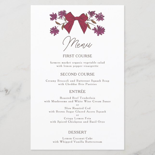 Menu Mariage Fleur Magenta Bows (Devant)