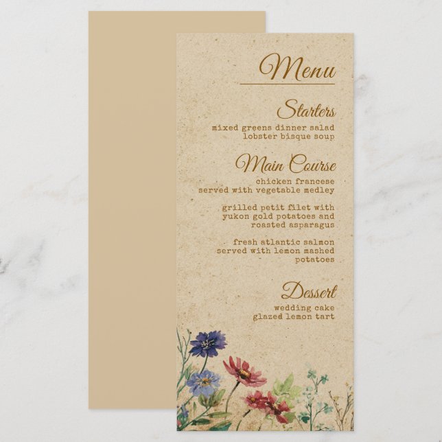 Menu Mariage Fleur sauvage Boho rustique frontière beig (Devant / Derrière)